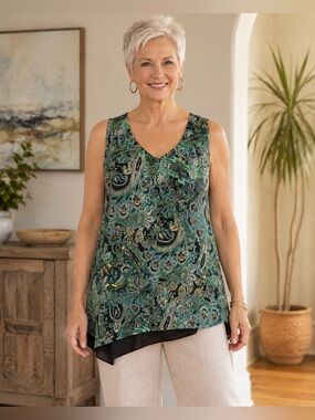 Paisley V-Neck Sleeveless Camisole in Teal and Black